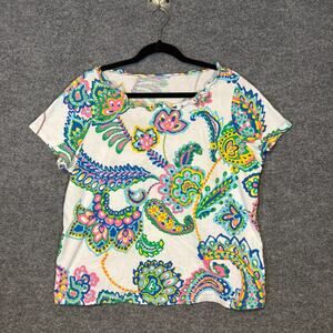 Talbots Shirt Womens 1X White Floral Paisley Ruffle Neck Pima Cotton Plus Size